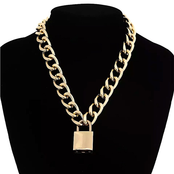 Gold Lock & Key Cuban Chain Link Punk Choker - Picture 4 of 13